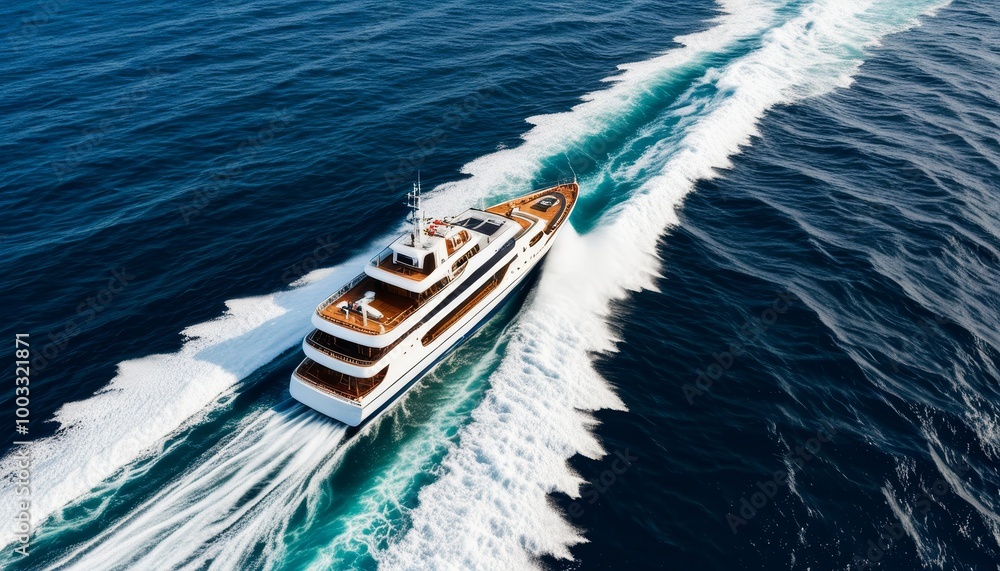 Naklejka premium The Ship Leaves a Wake at Sea with Waves Splashing Behind