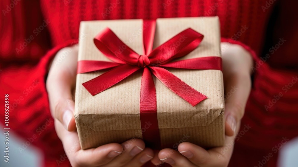 Cozy Gift in Hands with Red Ribbon and Wrapping Paper Cozy Gift in Hands with Red Ribbon and Wrapping Paper