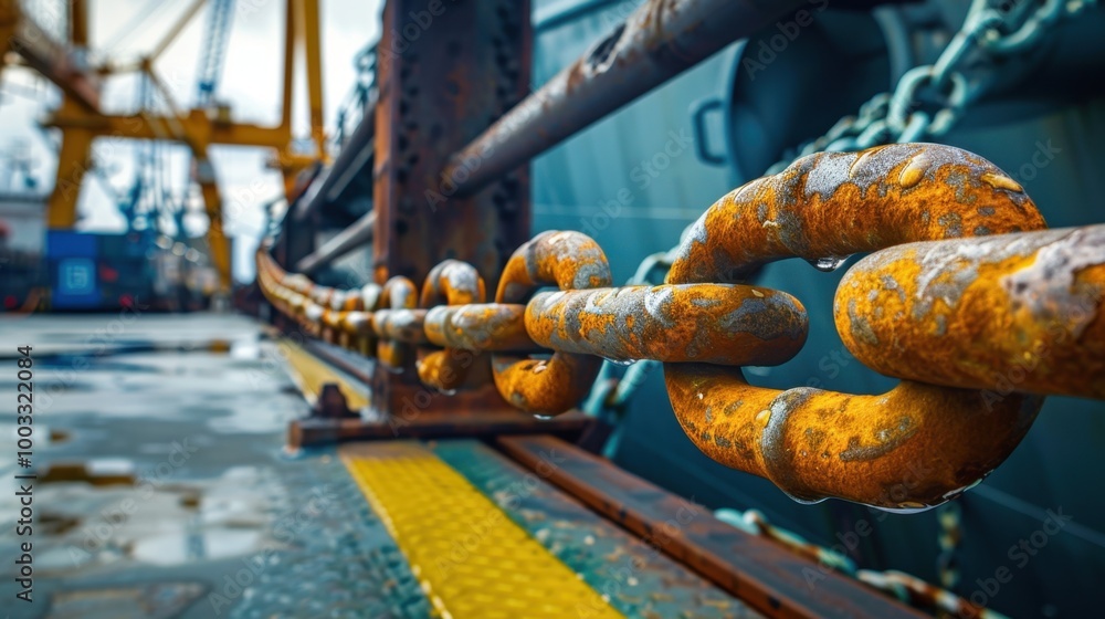 Obraz premium Rusty Chain Link Detail in Shipping Port