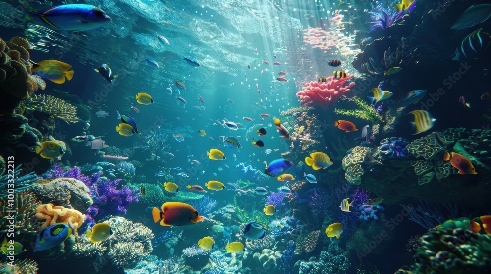 Naklejka premium Vibrant Underwater Scene with Colorful Fish and Coral Reef