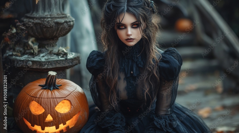Dark Gothic Halloween Aesthetic with Pumpkins and Mysterious Girl Dark Gothic Halloween Aesthetic with Pumpkins and Mysterious Girl