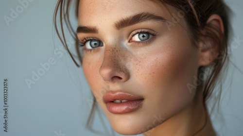 Natural Beauty Portrait with Freckles and Blue Eyes