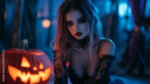 Dark Gothic Halloween Aesthetic with Pumpkins and Mysterious Girl