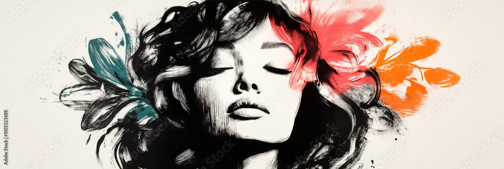 Fototapeta premium A woman's face is surrounded by abstract flowers.