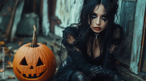 Dark Gothic Halloween Aesthetic with Pumpkins and Mysterious Girl