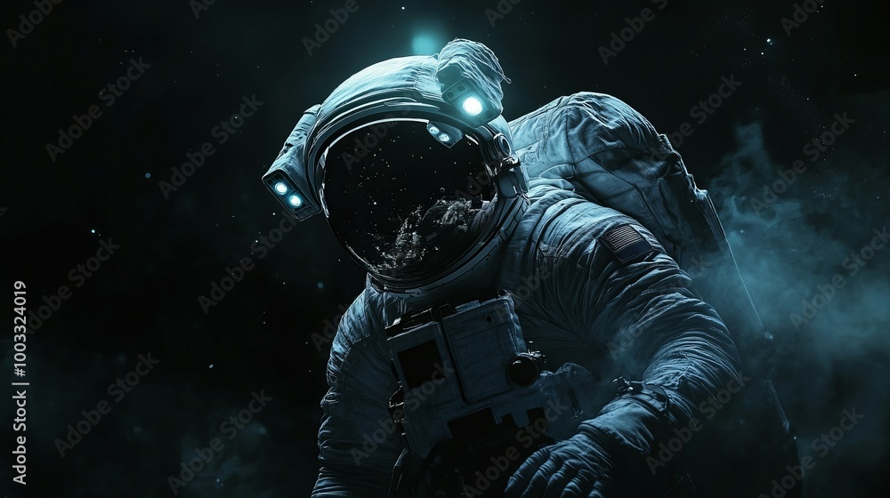 Fototapeta premium An astronaut in a white spacesuit floats in the vast darkness of space.