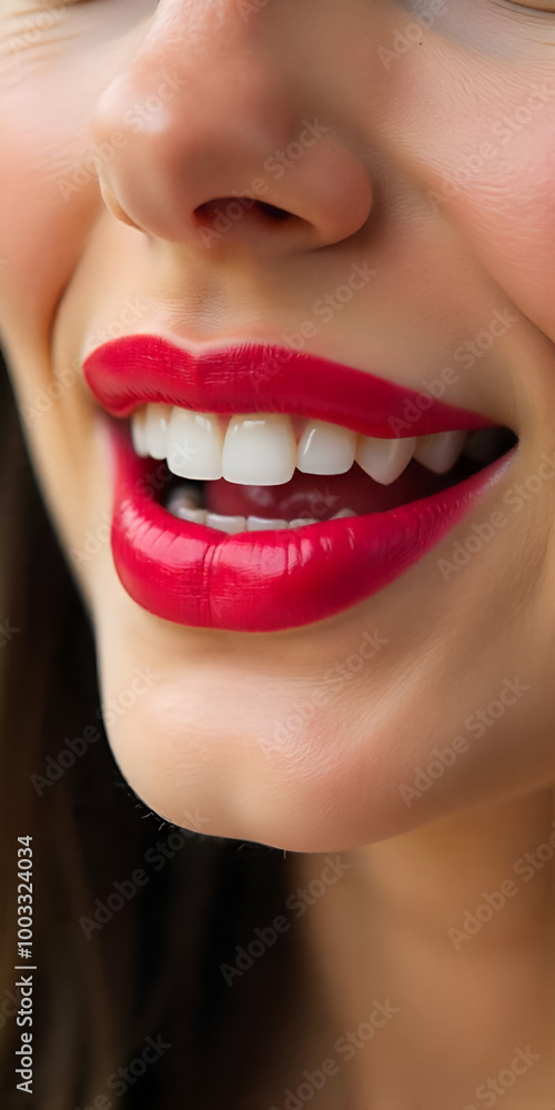 A close-up of a woman's face with bright red lipstick and a wide, toothy smile A close-up of a woman's face with bright red lipstick and a wide, toothy smile