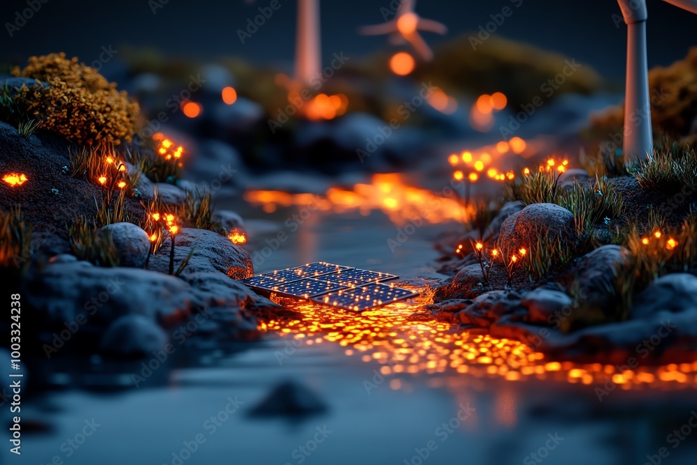 Fototapeta premium A magical landscape powered by renewable energy, where enchanted wind turbines and solar panels are illuminated by glowing magical energy