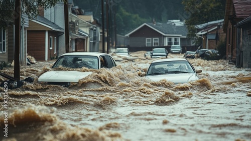 Flash floods surging through a town after a dam breaks, sweeping away cars and debris, town flood, water catastrophe