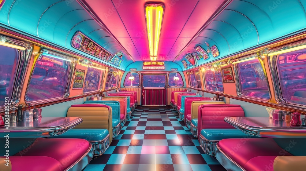 Fototapeta premium Nostalgic 1950s American Diner Interior with Retro Booths and Neon Lights - Vibrant Mid-Century Americana 3D Illustration