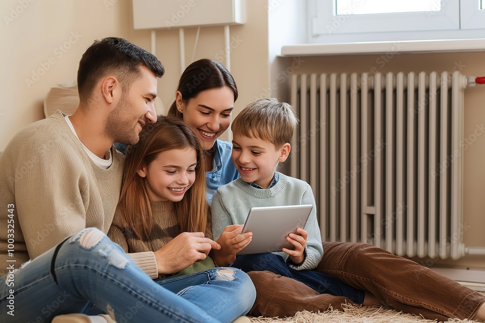 Happy family with tablet near heating radiator at home. Adult, children are comfortable, relaxed. Female, male parents are smiling with their kids. Central heating system provides warmth, comfort. Happy family with tablet near heating radiator at home. Adult, children are comfortable, relaxed. Female, male parents are smiling with their kids. Central heating system provides warmth, comfort.