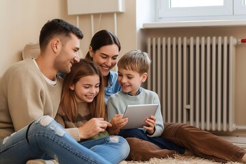 Happy family with tablet near heating radiator at home. Adult, children are comfortable, relaxed. Female, male parents are smiling with their kids. Central heating system provides warmth, comfort.