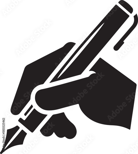 An icon illustrating a hand gripping a pen, write symbol styled as a silhouette vector. 