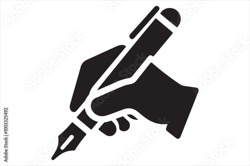 An icon illustrating a hand gripping a pen, write symbol styled as a silhouette vector on a white background. 