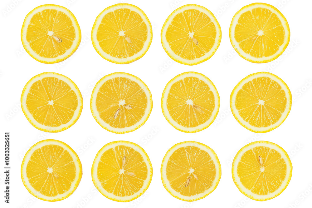 Fresh lemon slices arranged on a white background, showcasing vibrant yellow color and juicy texture. isolated on transparent background. Fresh lemon slices arranged on a white background, showcasing vibrant yellow color and juicy texture. isolated on transparent background.