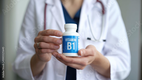 A woman is holding a bottle of vitamin B1. She is wearing a white lab coat photo