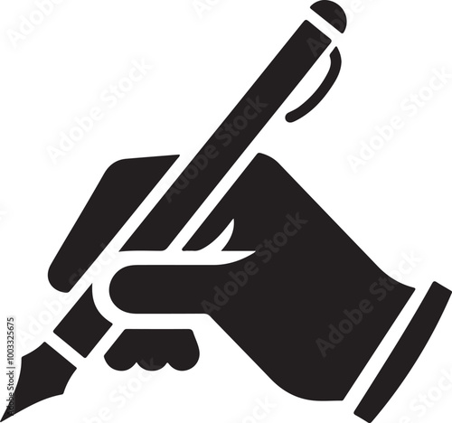 An icon illustrating a hand gripping a pen, write symbol styled as a silhouette vector. 
