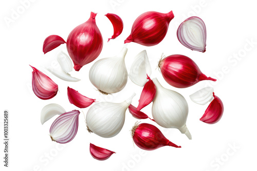Fresh red and white onions scattered on a white background, showcasing their vibrant colors and unique shapes. isolated on transparent background.