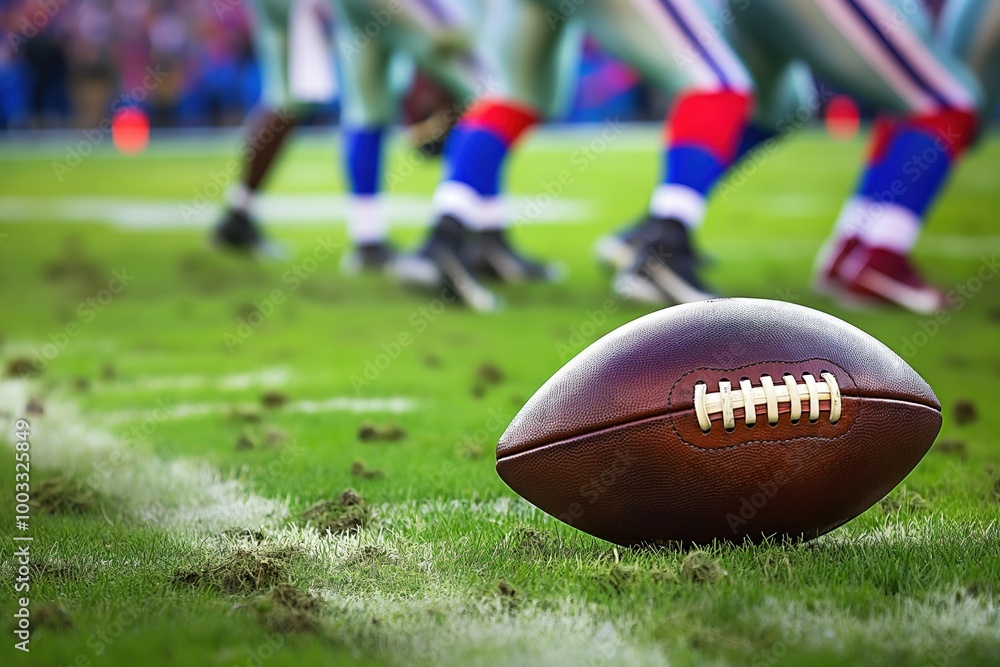 American football on grass field near yard line. Brown grass, white stripes, green surroundings, athletic, nobody in sight. College football game, collegiate competition, outdoor recreation, playing American football on grass field near yard line. Brown grass, white stripes, green surroundings, athletic, nobody in sight. College football game, collegiate competition, outdoor recreation, playing