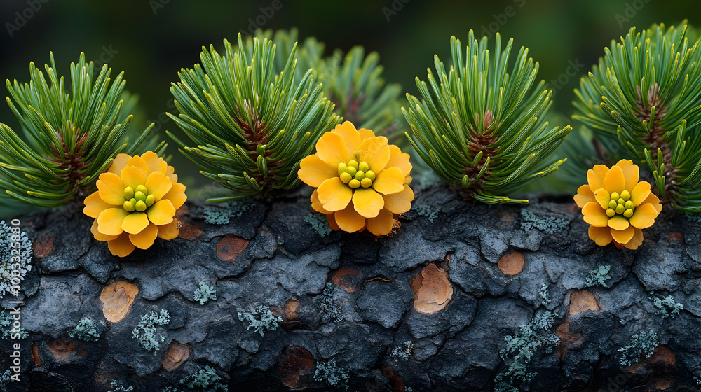 Yellow Flowers and Green Pine Branches on a Rough Bark Background - Realistic Image Yellow Flowers and Green Pine Branches on a Rough Bark Background - Realistic Image