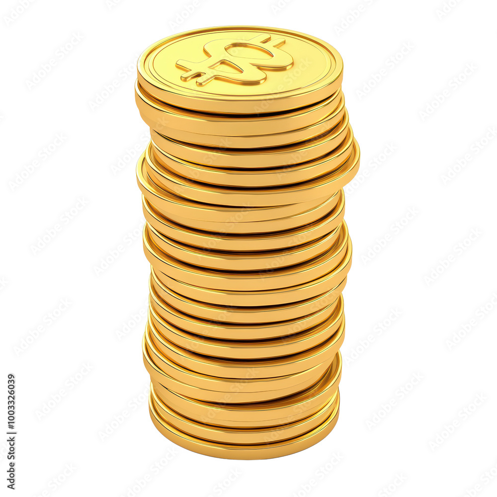 Stack of shiny gold coins with a dollar symbol, isolated on white background. isolated on transparent background. Stack of shiny gold coins with a dollar symbol, isolated on white background. isolated on transparent background.