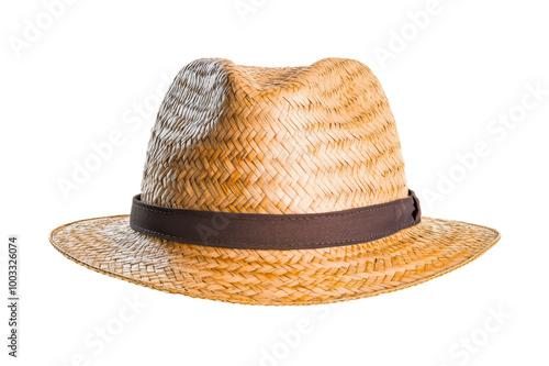 Stylish straw hat with a brown band, perfect for summer outings and sun protection, against a white isolated background. isolated on transparent background. photo