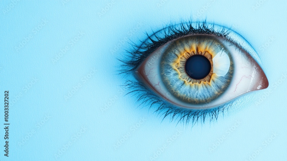 Obraz premium Close-up of blue human eye with vibrant iris on light background