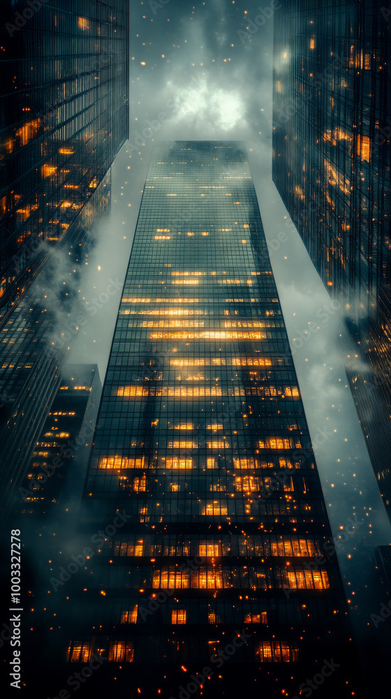 Obraz premium A towering skyscraper illuminated against a stormy sky.