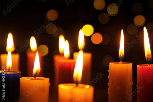 Burning candles in close-up on dark background. Soft, warm, tranquil flames create peaceful atmosphere. Romantic, intimate setting for celebration, dating, or meditation. Church or memorial scene.