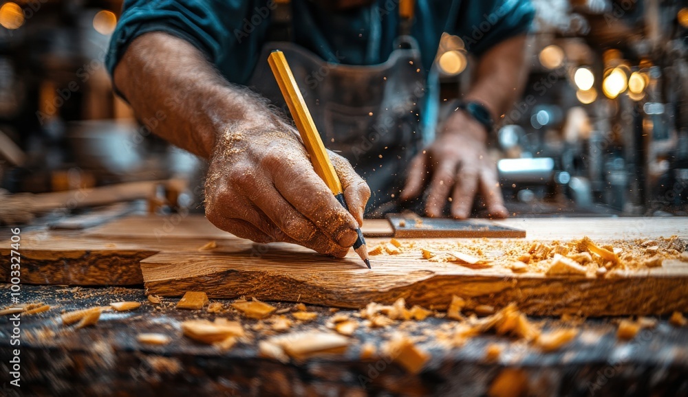 Skilled carpenter marking wooden boards with precision tools in a well-equipped workshop showcasing craftsmanship Skilled carpenter marking wooden boards with precision tools in a well-equipped workshop showcasing craftsmanship