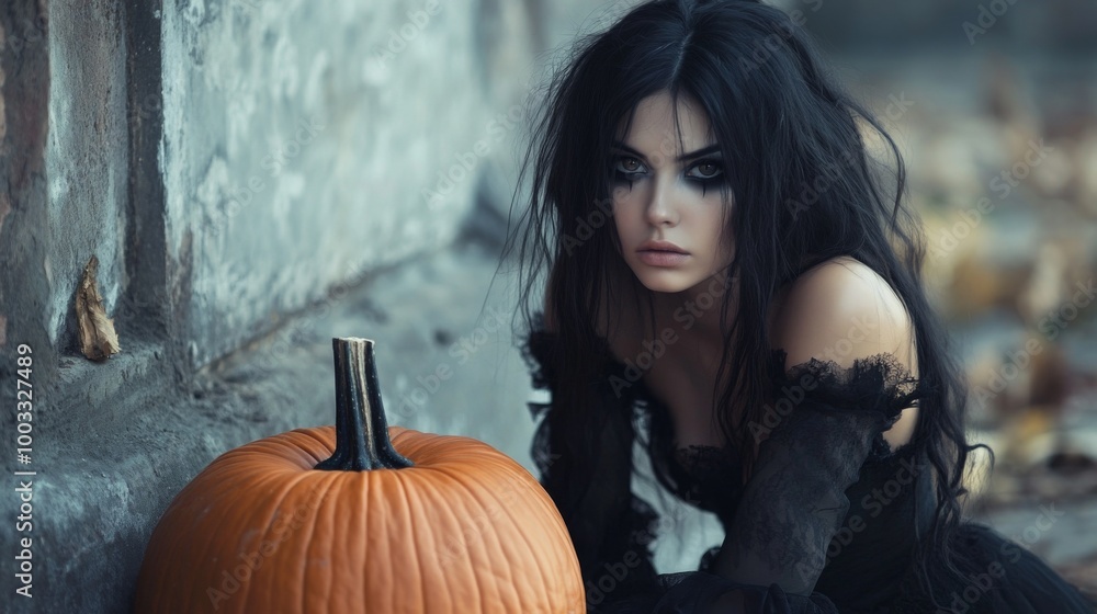 Dark Gothic Halloween Aesthetic with Pumpkins and Mysterious Girl Dark Gothic Halloween Aesthetic with Pumpkins and Mysterious Girl