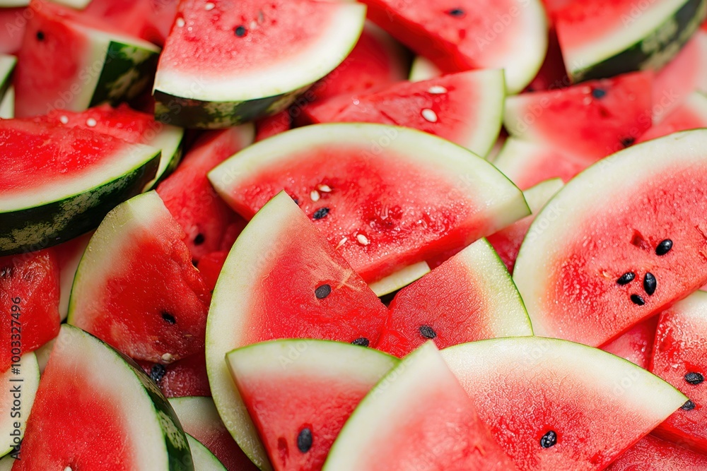 Ripe watermelon slices serve as vibrant background. Close-up of juicy, sweet fruit with seeds, healthy ingredient for desserts, refreshing summer snack. Ripe watermelon slices serve as vibrant background. Close-up of juicy, sweet fruit with seeds, healthy ingredient for desserts, refreshing summer snack.