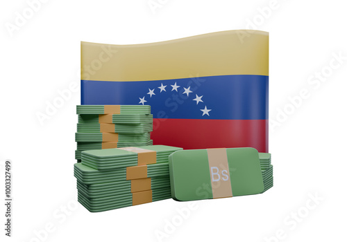 3D render illustration of Venezuela flag and currency called Bolivar photo