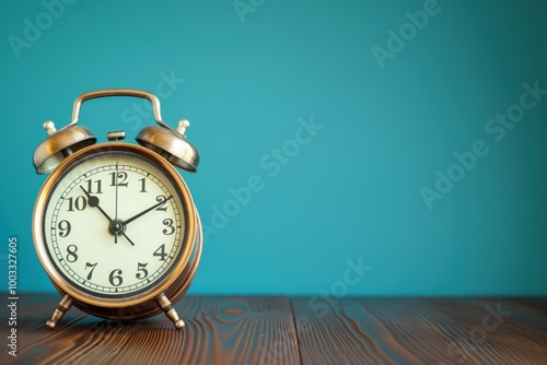 Wallpaper Mural Old alarm clock on wooden table on blue background. Classic metal clock with black numbers on round face. Alarm clock on wood table with blue background. Simple, retro design with silver accents. Torontodigital.ca