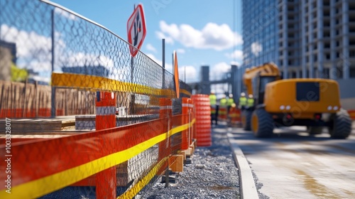 Generate a photo realistic image of safety barriers being installed at a construction site, with barrier materials, installation crew, safety signage, and construction activities visible photo