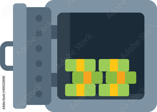 This vector illustration features an open bank vault containing stacks of money, symbolizing financial security, savings, and wealth