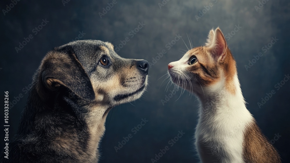 Dog and cat staring at each other against dark background Dog and cat staring at each other against dark background