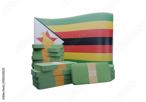 3D render illustration of Zimbabwe flag and currency called Dollar photo