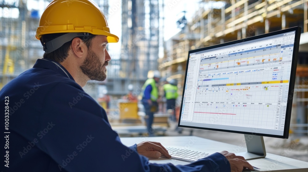 Generate a photo realistic image of scheduling managers optimizing the construction schedule, with project timeline adjustments, scheduling software interface, team collaboration,