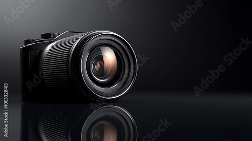 A black camera lens reflects light on its glossy surface, ready to capture moments.