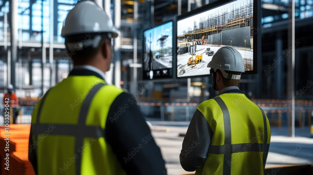 Generate a photo realistic image of security personnel conducting a site security briefing at a construction project, with security protocols, surveillance monitors, access control measures, Generate a photo realistic image of security personnel conducting a site security briefing at a construction project, with security protocols, surveillance monitors, access control measures,