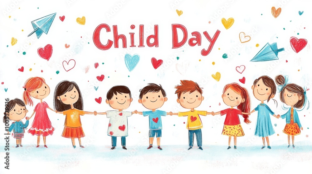 A playful illustration features a diverse group of eight children holding hands, surrounded by heart motifs and paper planes, celebrating unity and joy on Child Day. A playful illustration features a diverse group of eight children holding hands, surrounded by heart motifs and paper planes, celebrating unity and joy on Child Day.