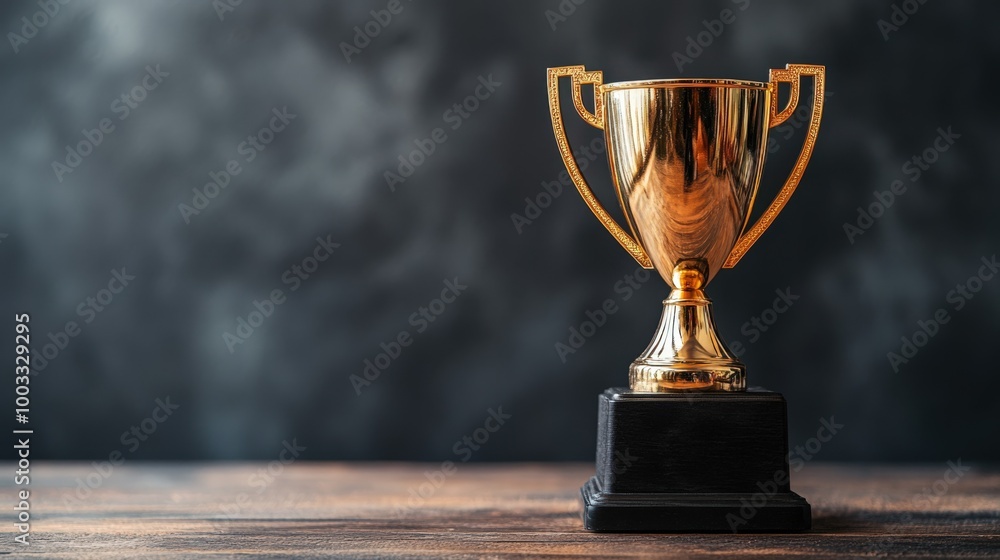 Golden Champion Trophy Placed on Wooden Table Golden Champion Trophy Placed on Wooden Table