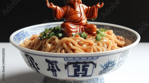 An artistic image of a serene statue topping a bowl of Asian noodles garnished with green onions, symbolizing peace and culinary harmony in traditional style. photo