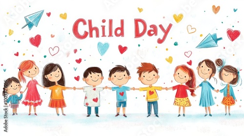 A playful illustration features a diverse group of eight children holding hands, surrounded by heart motifs and paper planes, celebrating unity and joy on Child Day.