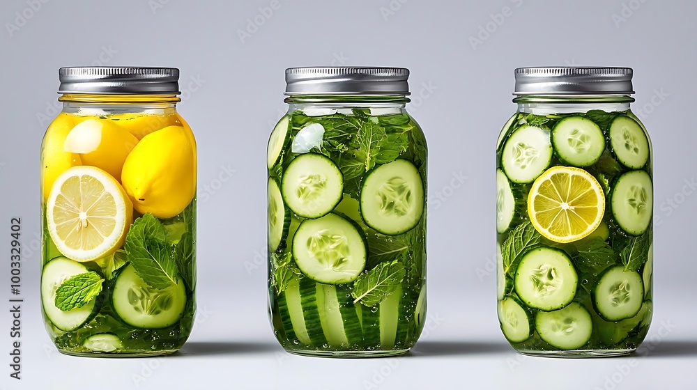 Refreshing jars of cucumber, lemon, and mint detox water glisten in the sunlight. Refreshing jars of cucumber, lemon, and mint detox water glisten in the sunlight.