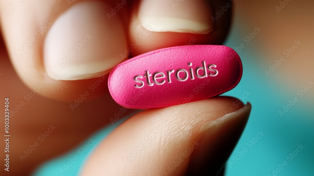 A vivid close-up photo of a pink oval pill with the word 'steroids' engraved on it, highlighting the concept of medication or performance enhancement drugs. A vivid close-up photo of a pink oval pill with the word 'steroids' engraved on it, highlighting the concept of medication or performance enhancement drugs.