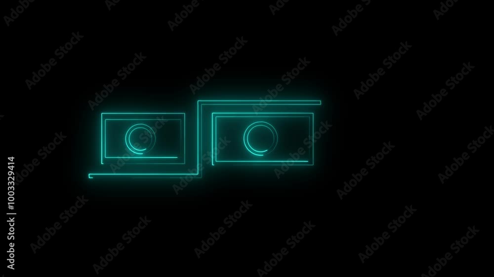 Ultra 4k animation video. Animation video bright neon lines in rectangle tow box neon line icon on black background Ultra 4k animation video. Animation video bright neon lines in rectangle tow box neon line icon on black background