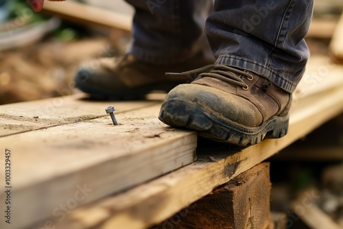 Close-up of worker stepping on nail in wooden plank outdoors. Caution, injury, pain evident. Careless mistake in construction zone. Male worker wearing boot, clothing, but still at risk of sharp nail.