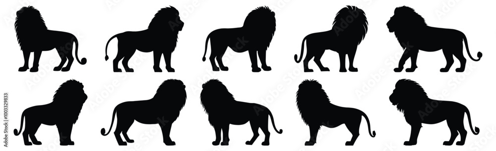 Lion silhouettes set, animal pack of vector silhouette design, isolated background. Lion silhouettes set, animal pack of vector silhouette design, isolated background.
